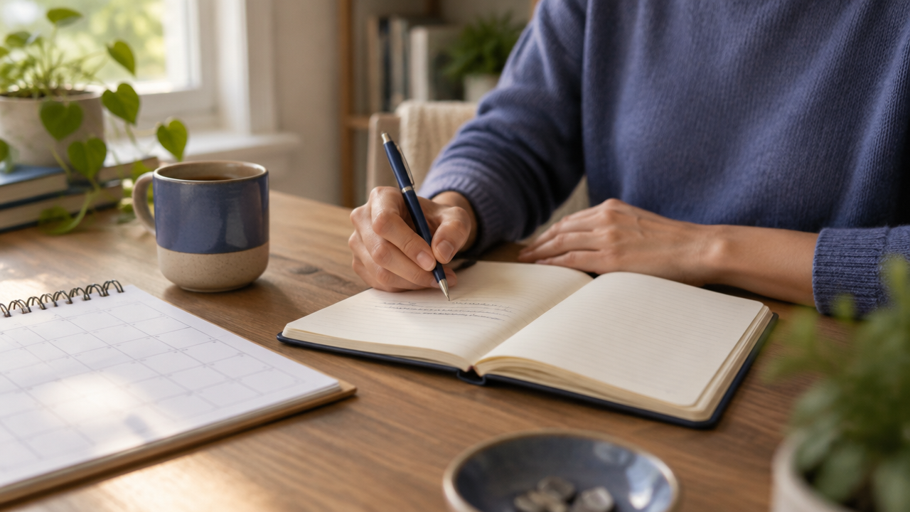 Hands writing a small weekly intention in a notebook beside a simple planner