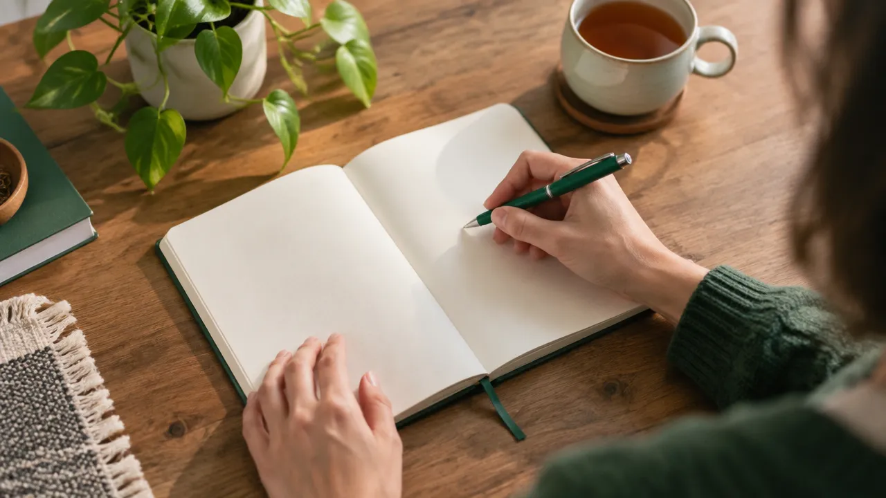 Hands writing in a blank journal beside tea and a plant during a calm self-reflection practice