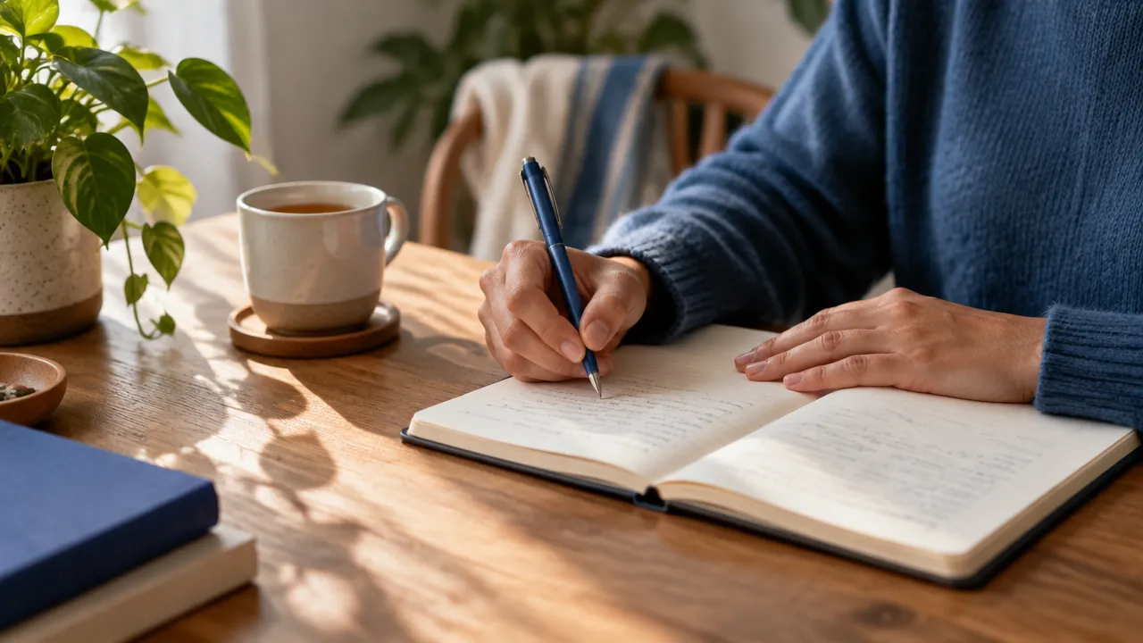 Hands writing in a journal beside a plant and cup of tea, illustrating a practical reflection on everyday meaning.