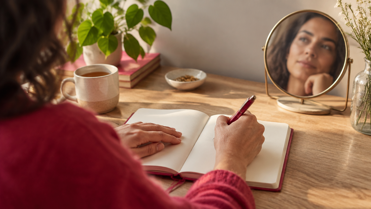 Hands writing in a journal beside a small mirror, representing a pause to observe inner self-talk.