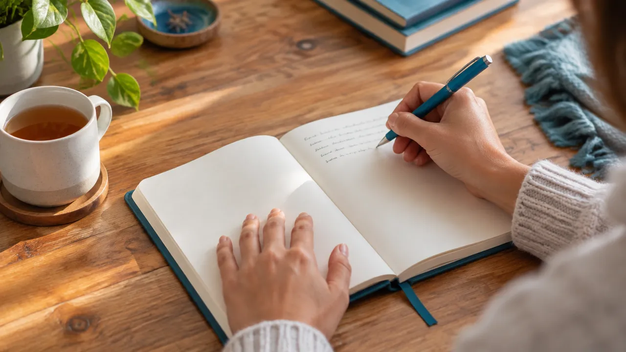 Hands writing in a journal during a calm self-reflection exercise.