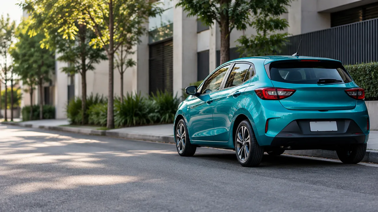 Hatch compacto genérico estacionado em rua urbana, visto pela traseira e lateral
