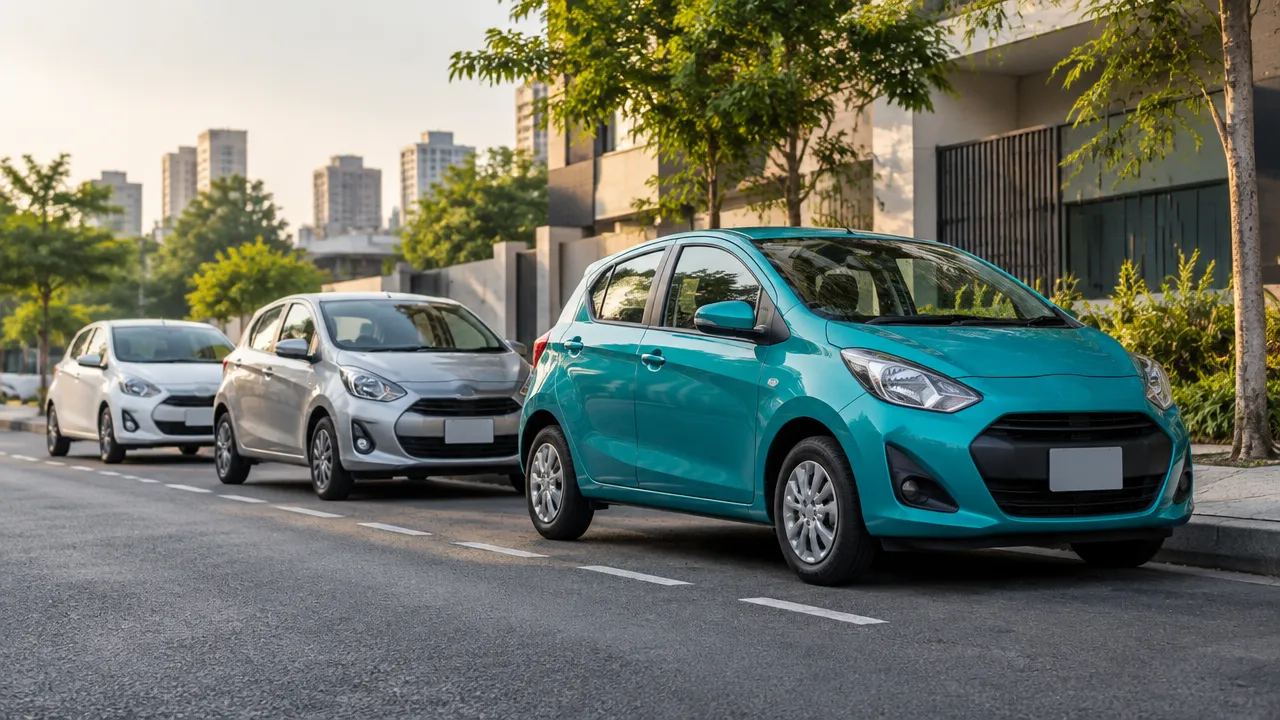Hatchbacks urbanos pequenos estacionados em uma rua, ilustrando o segmento de carros subcompactos.