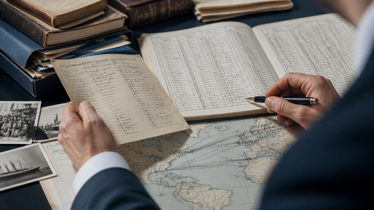 Historical immigration records and maps being reviewed on a desk