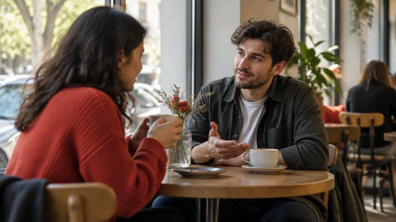 Hombre practica una conversación breve y tranquila en una cafetería como paso gradual para afrontar el miedo social.