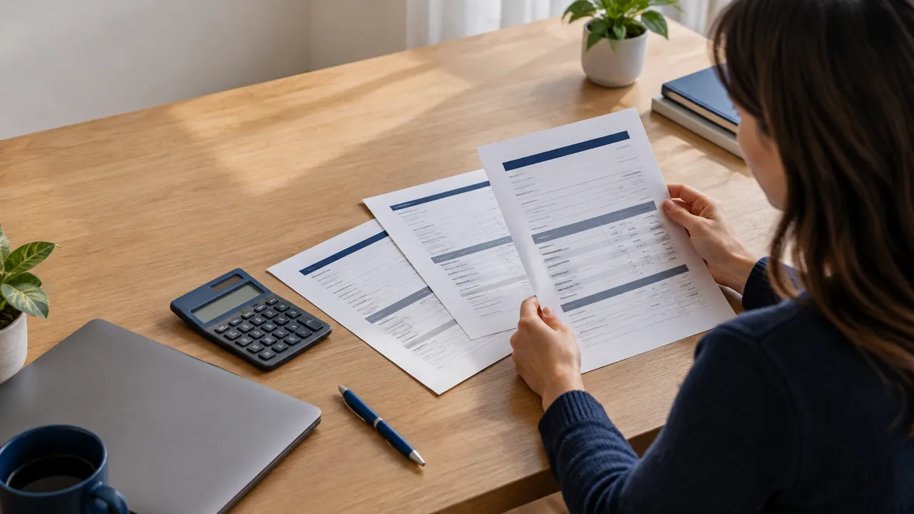 Homebuyer comparing mortgage estimate documents and fees at a desk