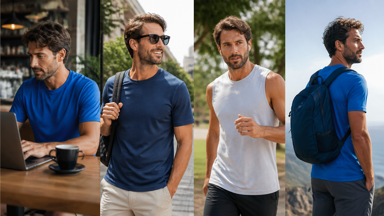 Homem adulto usando diferentes tipos de camiseta em trabalho casual, lazer, treino e viagem