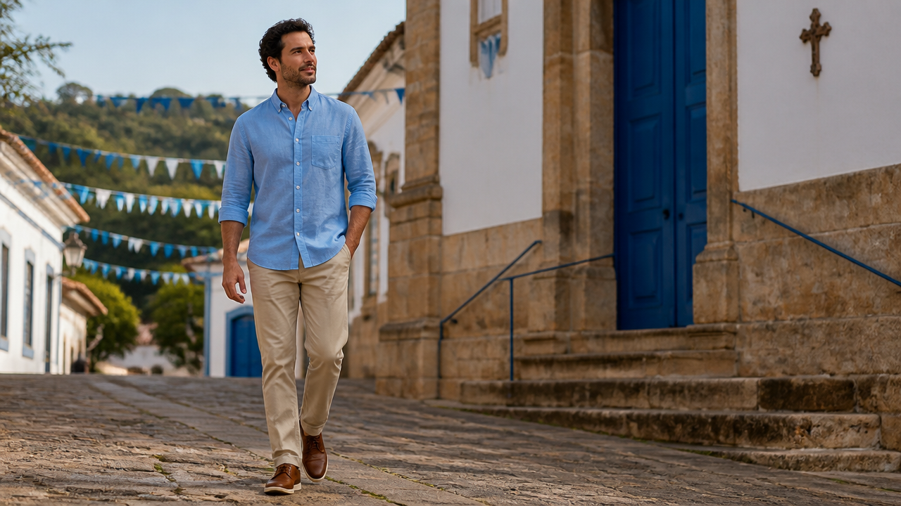Homem com camisa clara e calça chino em look diurno para missa e procissão