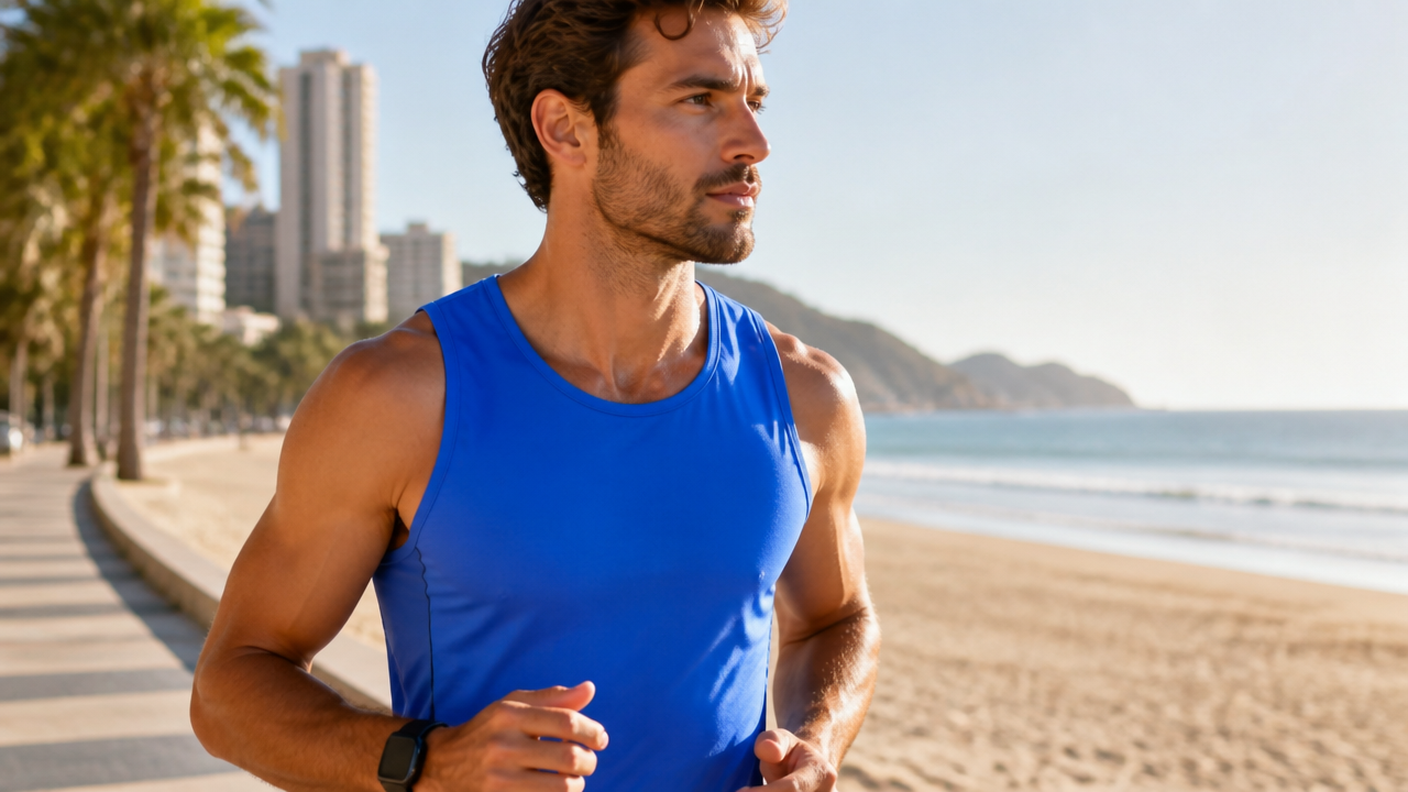 Homem com regata esportiva leve em ambiente de praia sob luz solar