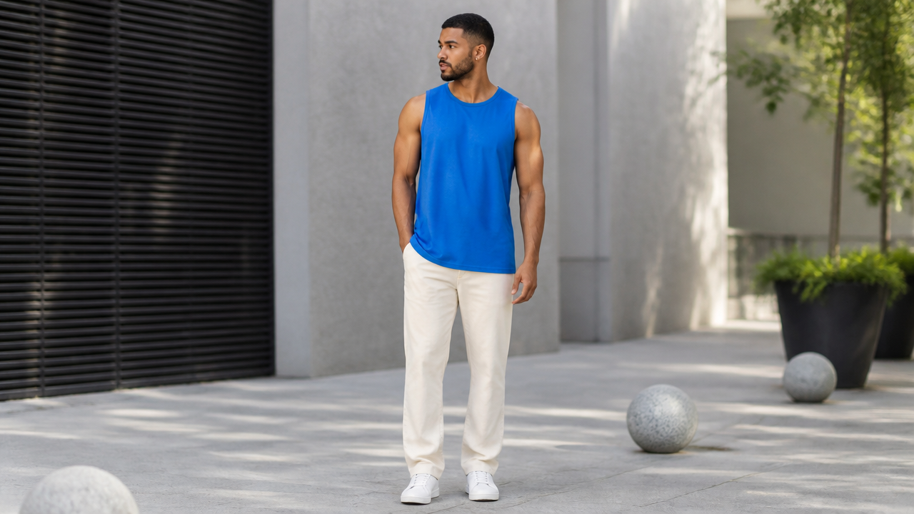 Homem combinando regata masculina de caimento amplo com calça reta em visual casual urbano