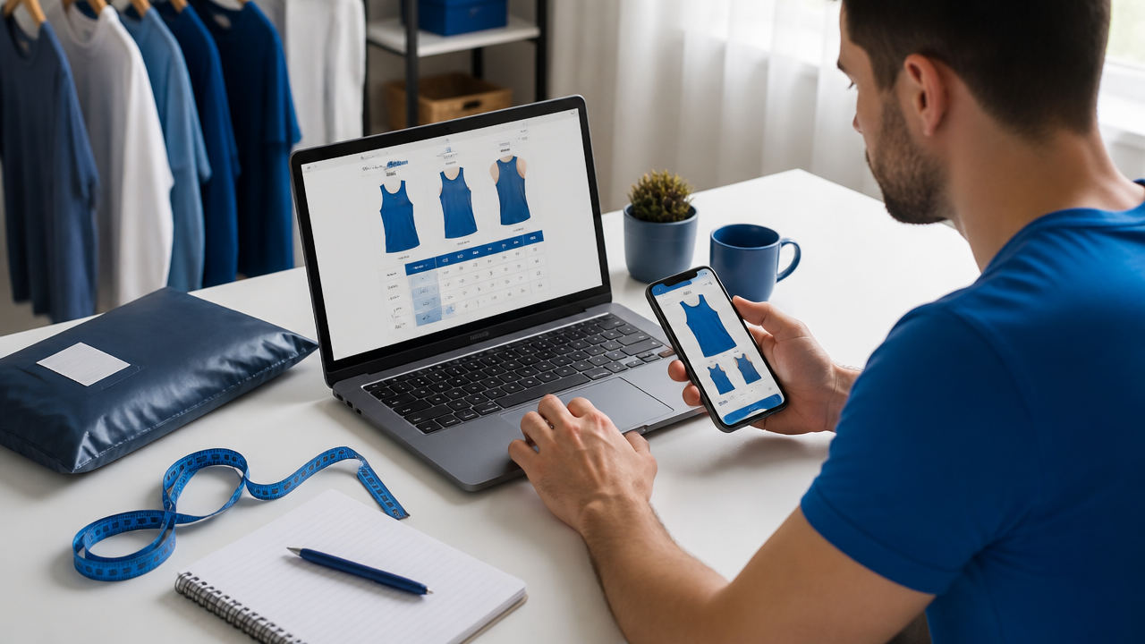 Homem comparando medidas e condições de compra de regatas masculinas no notebook e celular