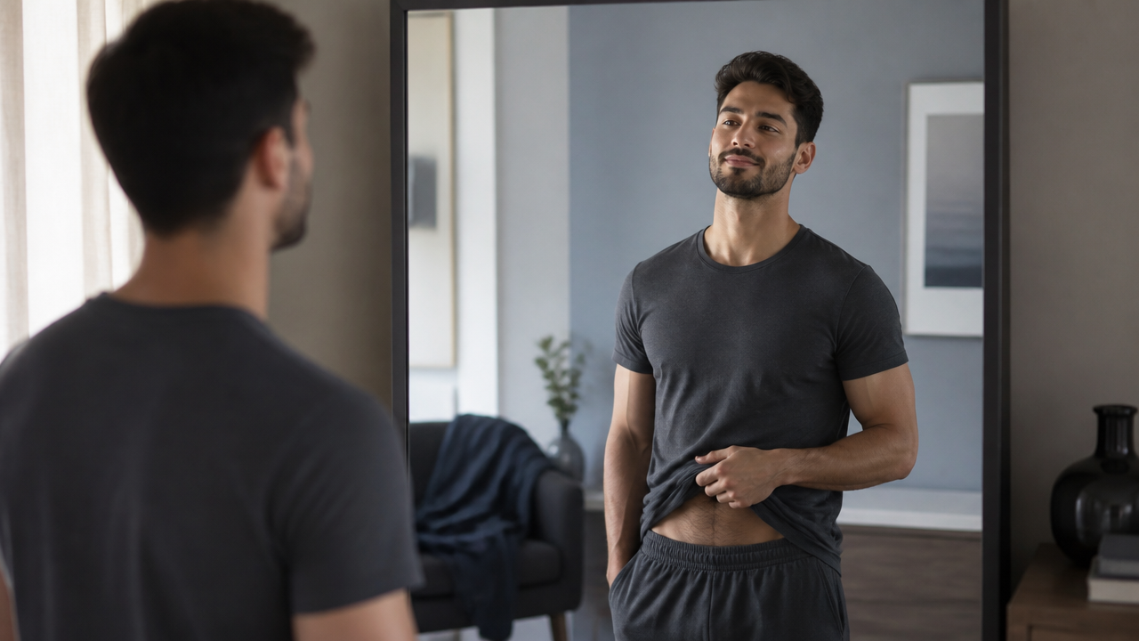 Homem jovem refletindo sobre imagem corporal e expectativas em relação ao próprio corpo