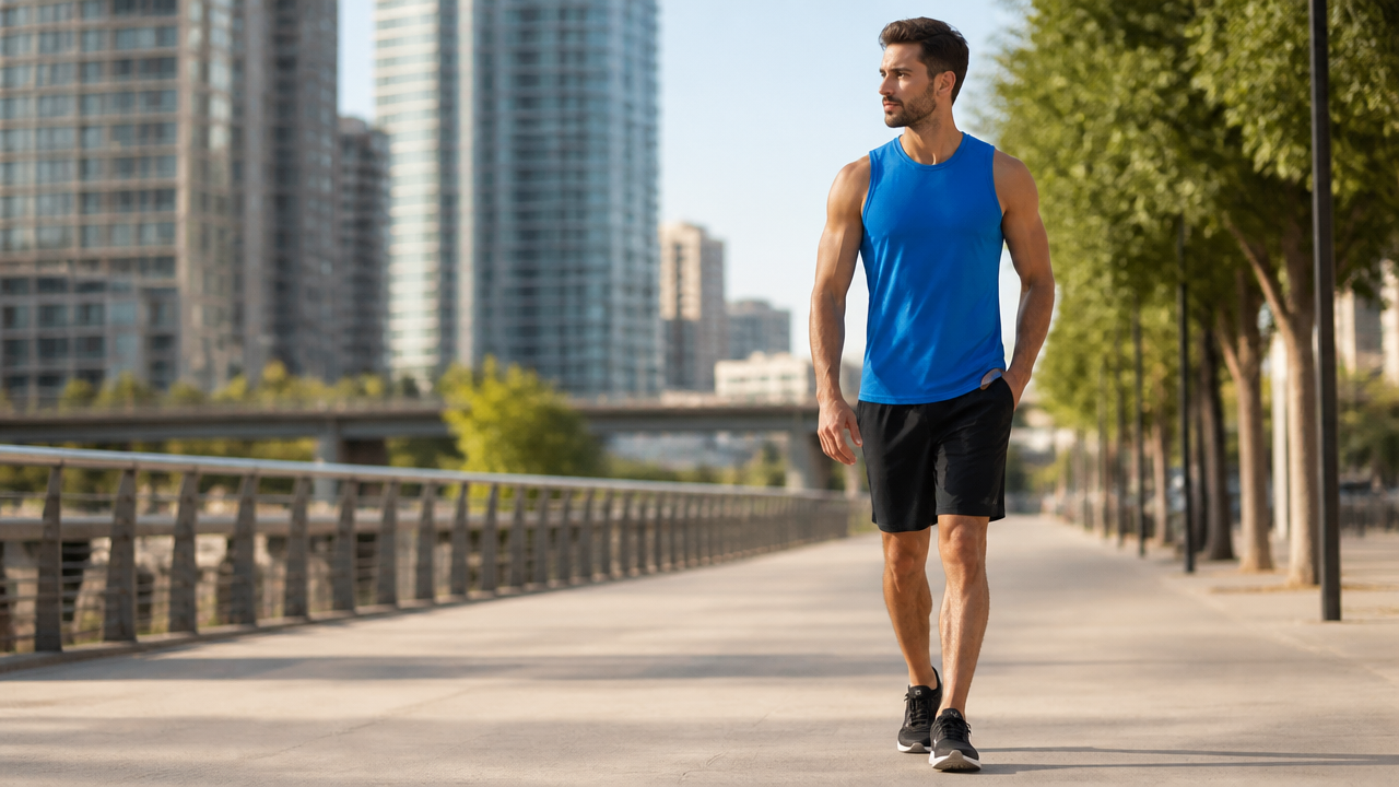Homem usando regata esportiva masculina com bermuda em combinação casual
