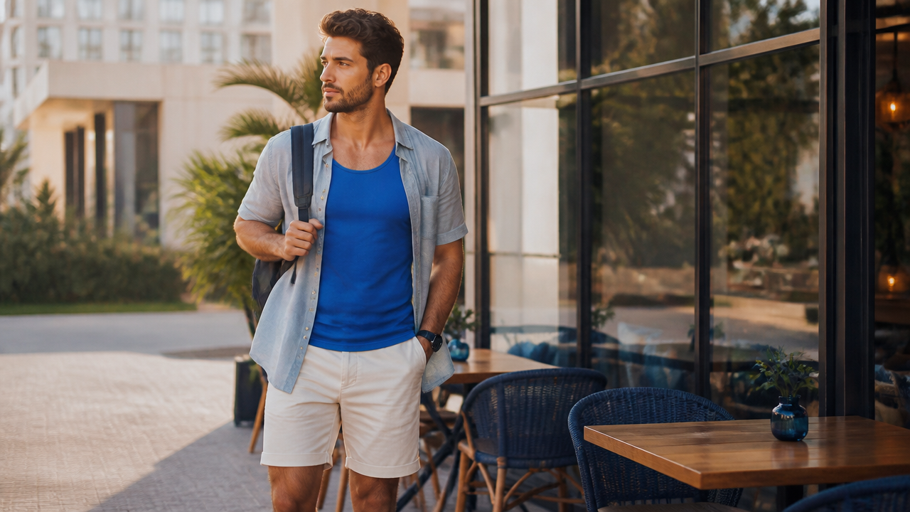 Homem usando regata masculina versátil em caminhada e momento de lazer