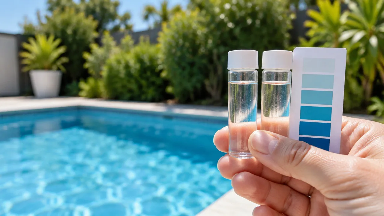 Homeowner comparing pool water test vials to calculate combined chlorine from free and total chlorine results