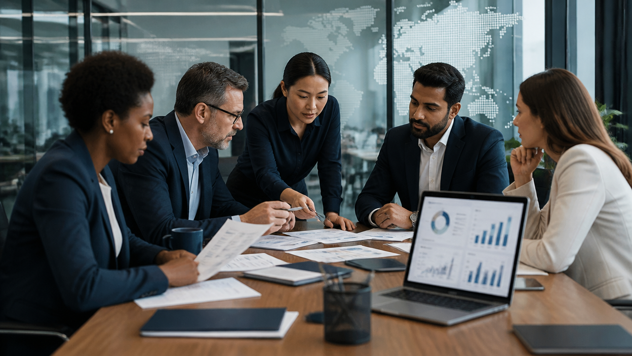 HR and legal team reviewing an immigration policy for international hiring in a modern office