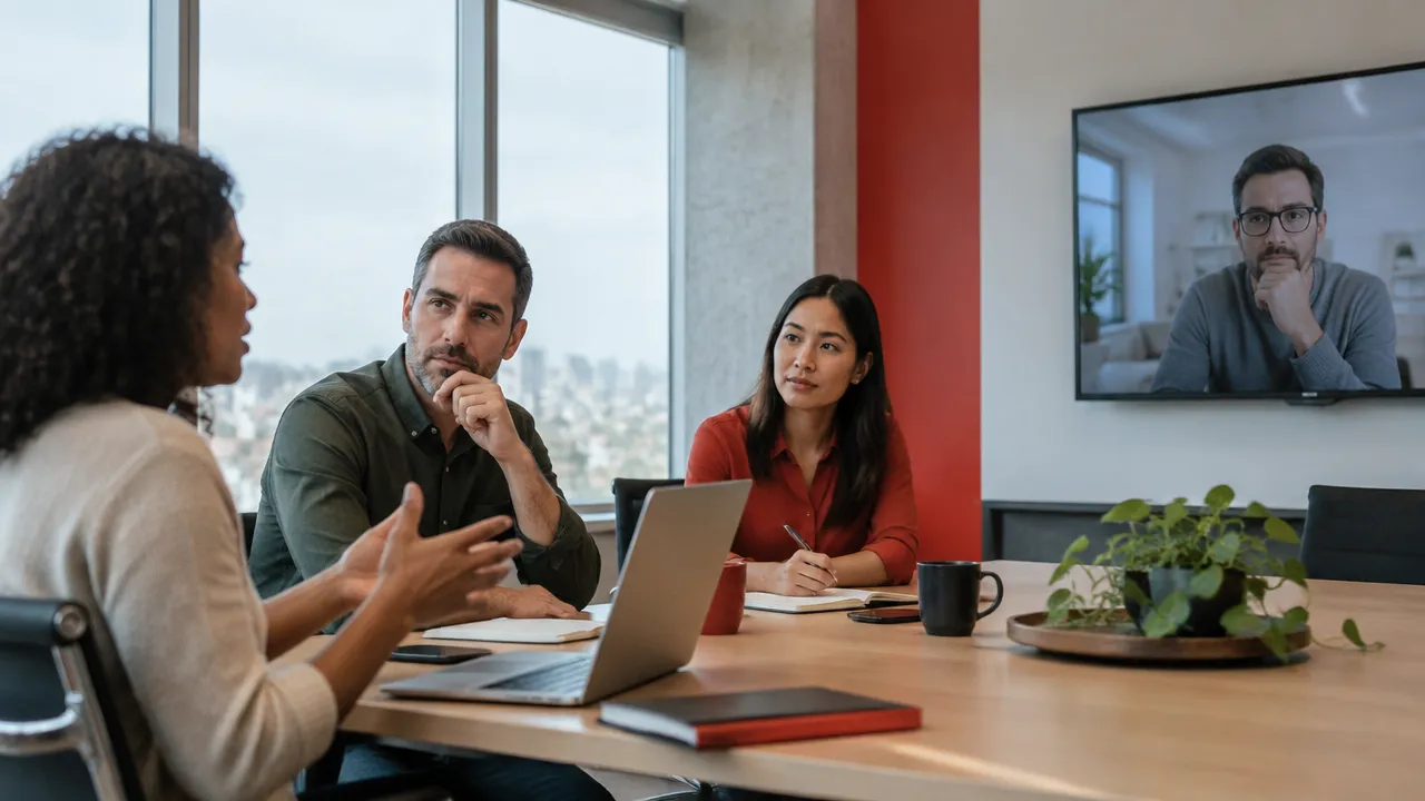 Hybrid colleagues meet in person and by video, with a remote team member at risk of being left out of the conversation.