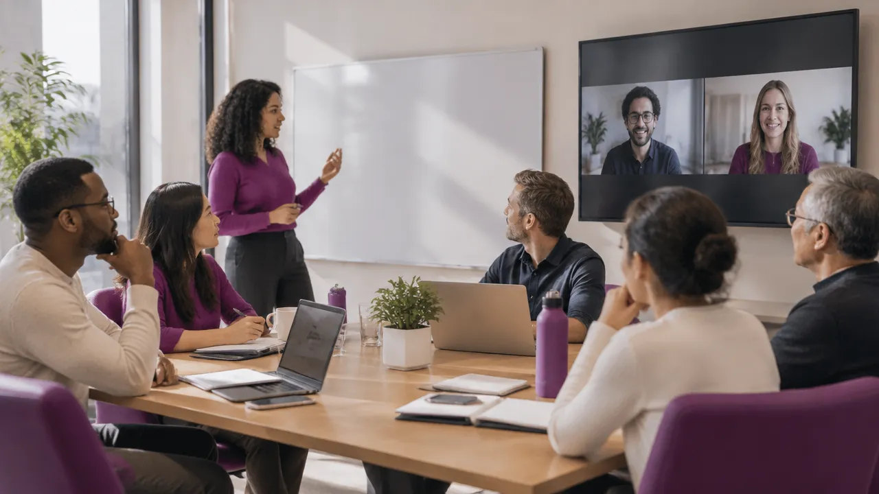 Hybrid colleagues meeting in person and by video, illustrating the shared culture leaders need to monitor
