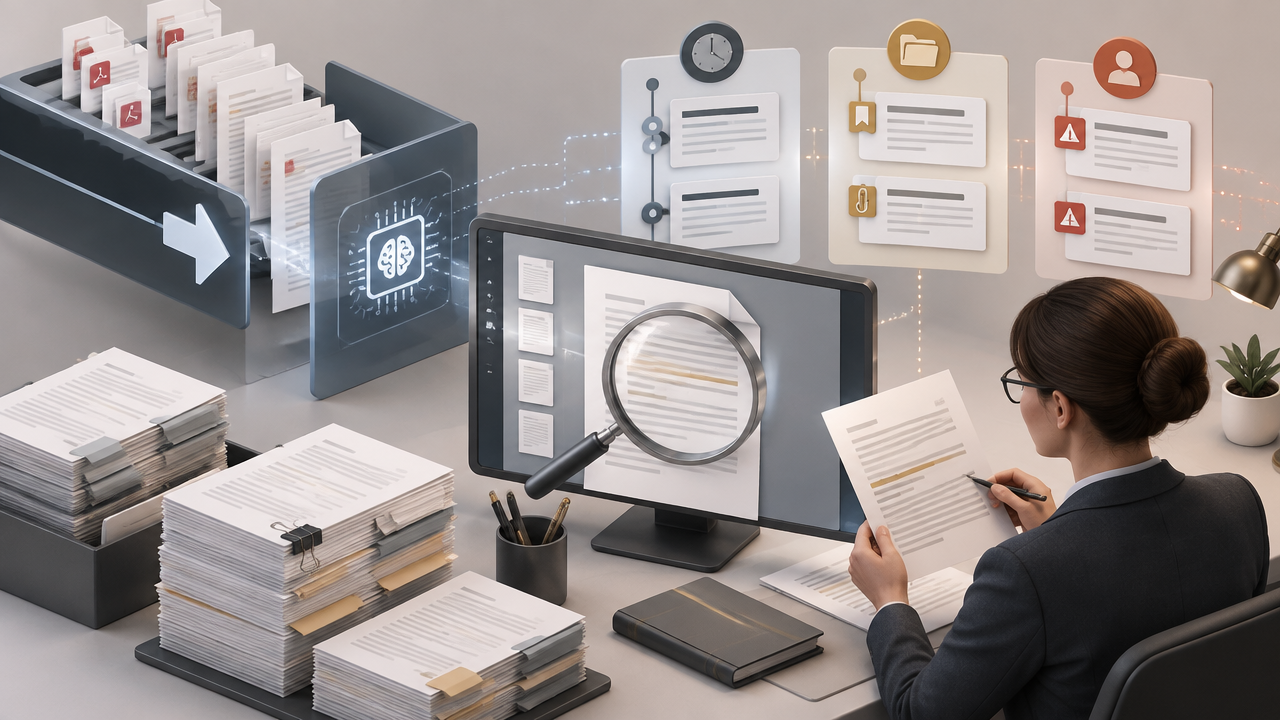 IA organiza documentos judiciais em cronologia e categorias para revisão da perita
