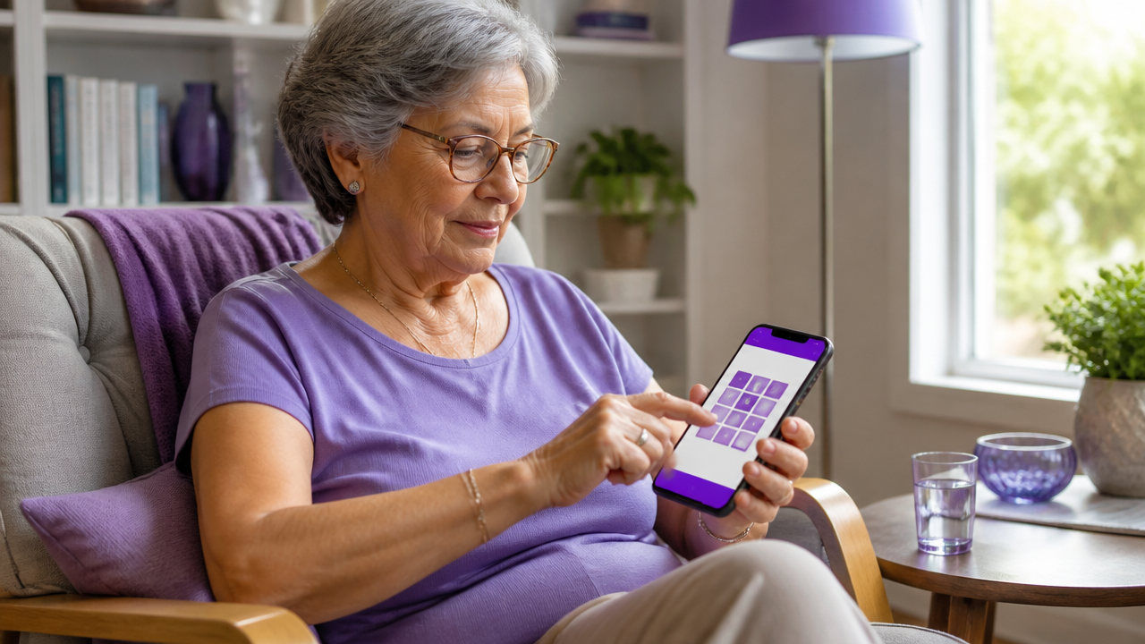 Idosa usando o celular com interface simples para jogar uma atividade de memória.