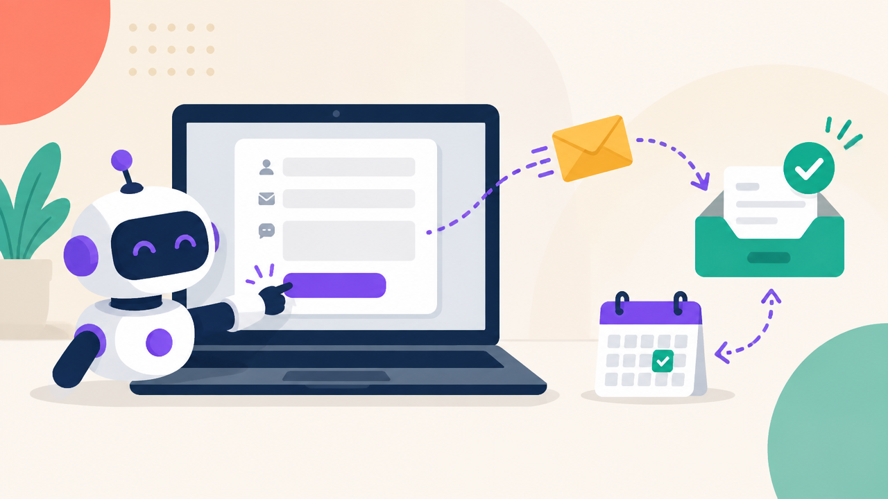 Illustration of an automated contact form test sending a message toward an inbox for delivery verification
