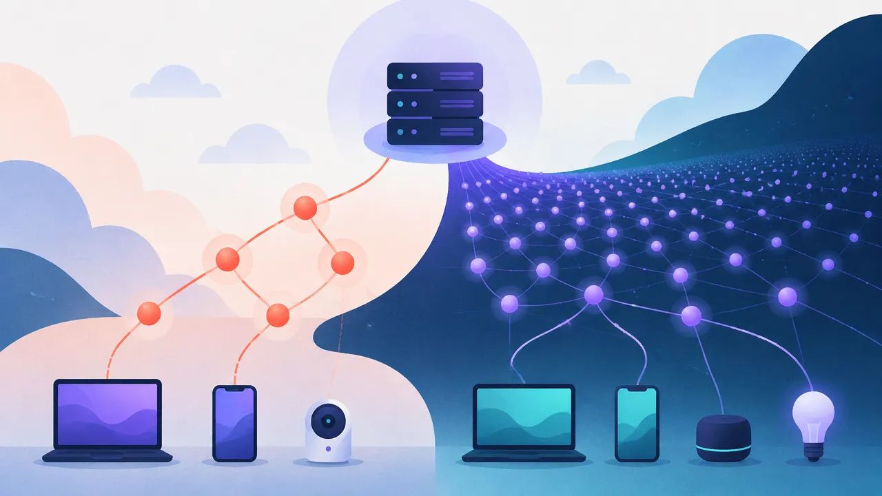 Illustration of IPv4 and IPv6 network paths connecting a website to phones, laptops, and connected devices