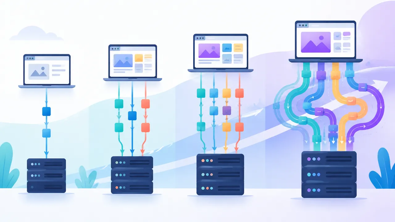 Illustration showing the evolution from simple web requests to modern parallel HTTP connections