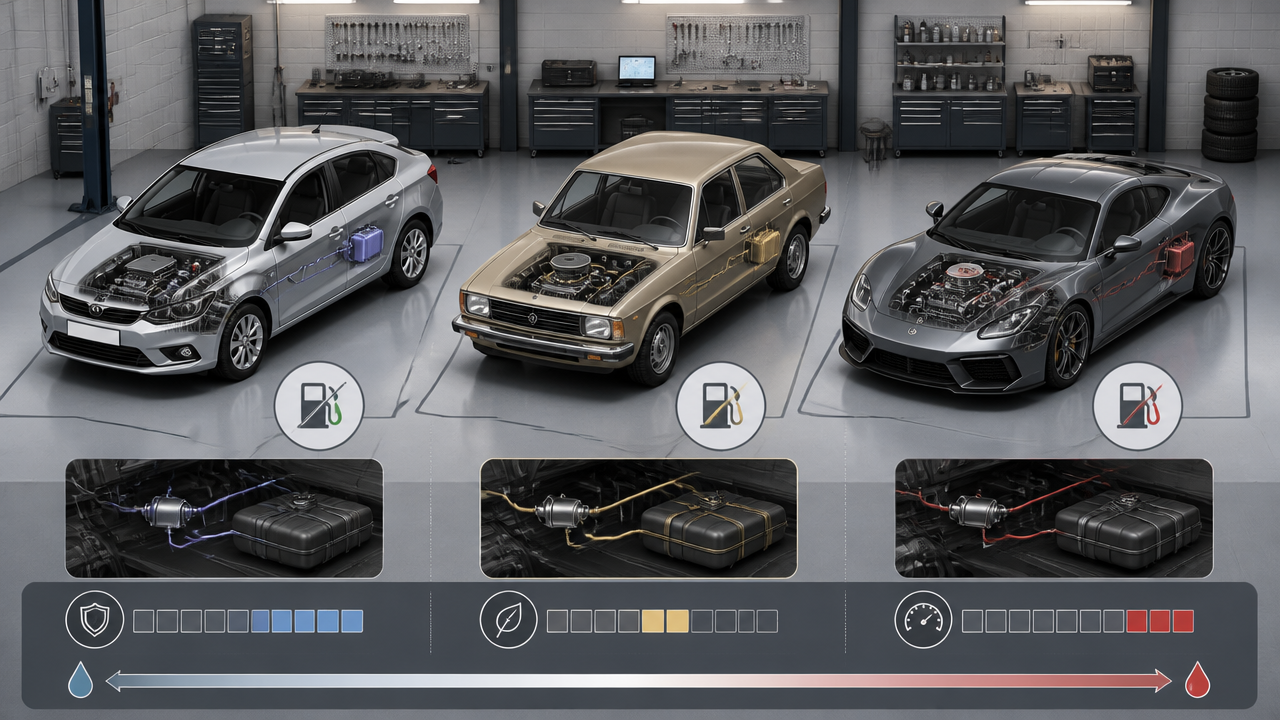 Ilustração 3D isométrica comparando carro flex, carro antigo a gasolina e carro importado em contexto de oficina
