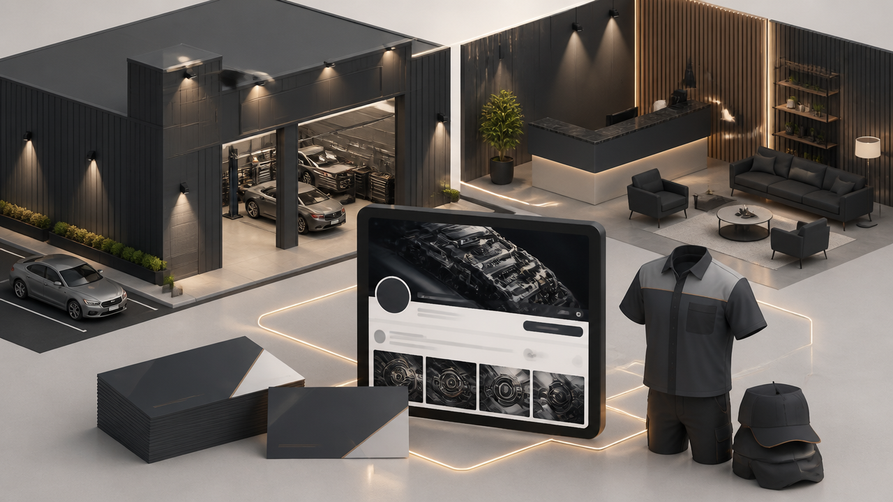 Ilustração 3D isométrica de branding para oficina com presença física e digital integrada