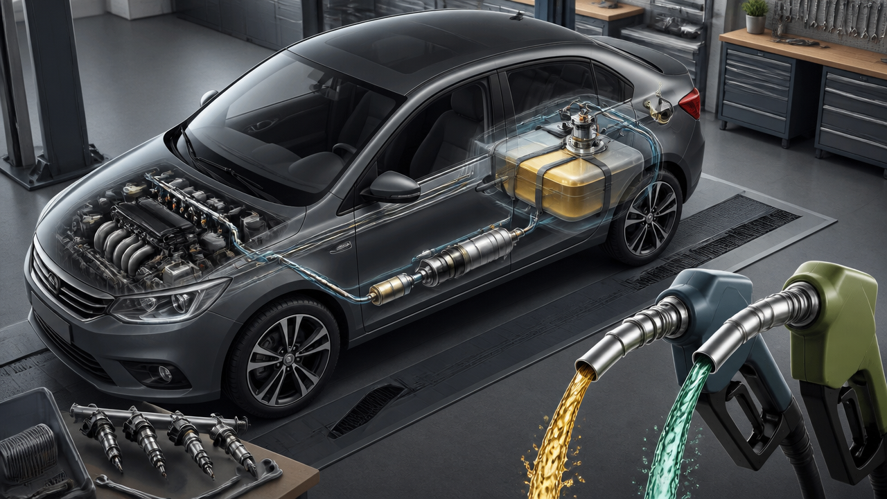 Ilustração 3D isométrica de carro em oficina com sistema de combustível destacado para explicar os efeitos da mistura maior de etanol na gasolina
