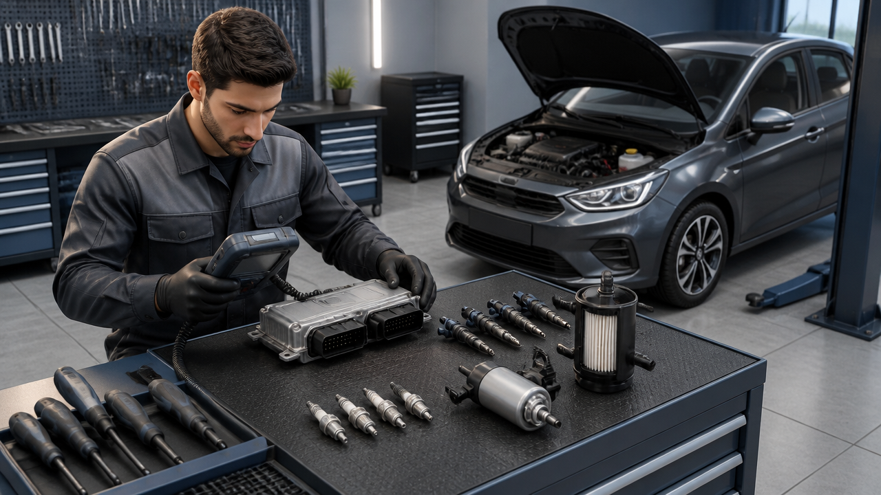 Ilustração 3D isométrica de diagnóstico automotivo com scanner, filtro, velas e bomba de combustível em inspeção preventiva