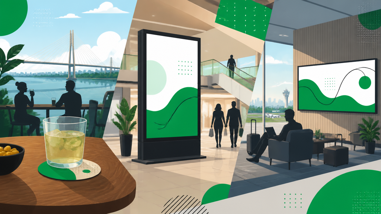 Ilustração com porta-copos, tela digital indoor e painel em sala VIP representando formatos de mídia OOH.