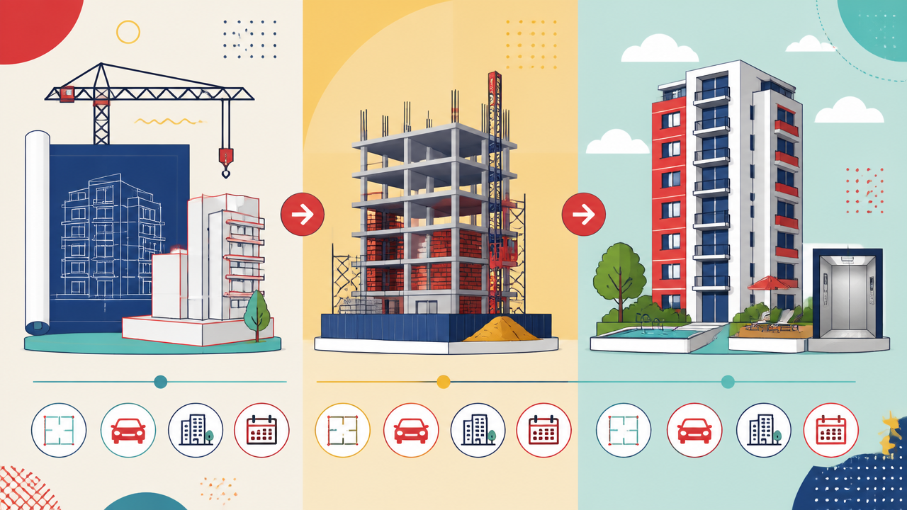 Ilustração comparando apartamento na planta, em construção e pronto para morar