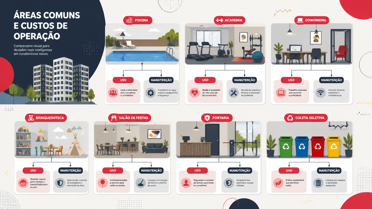 Ilustração comparando áreas comuns e operação de condomínios residenciais novos