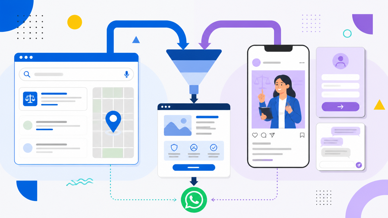 Ilustração comparando busca no Google e anúncios em redes sociais para captação de leads jurídicos
