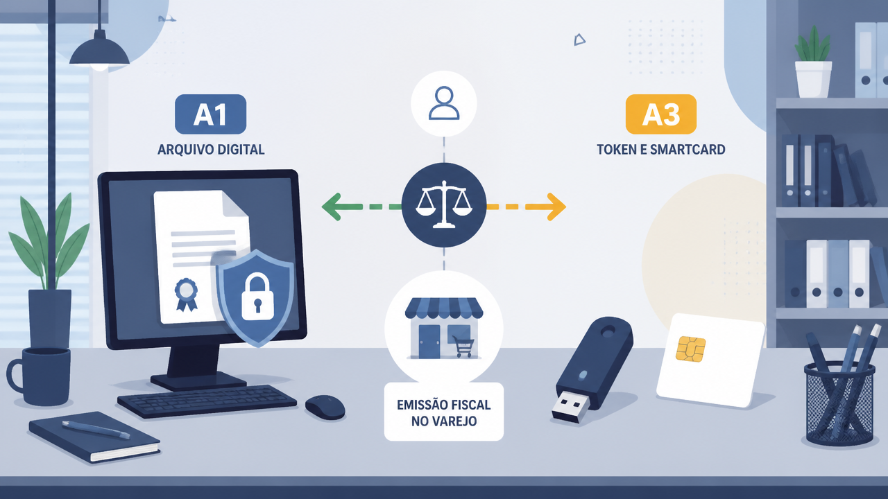 Ilustração comparando certificado digital A1 em arquivo e A3 em token ou cartão para uso na emissão fiscal.