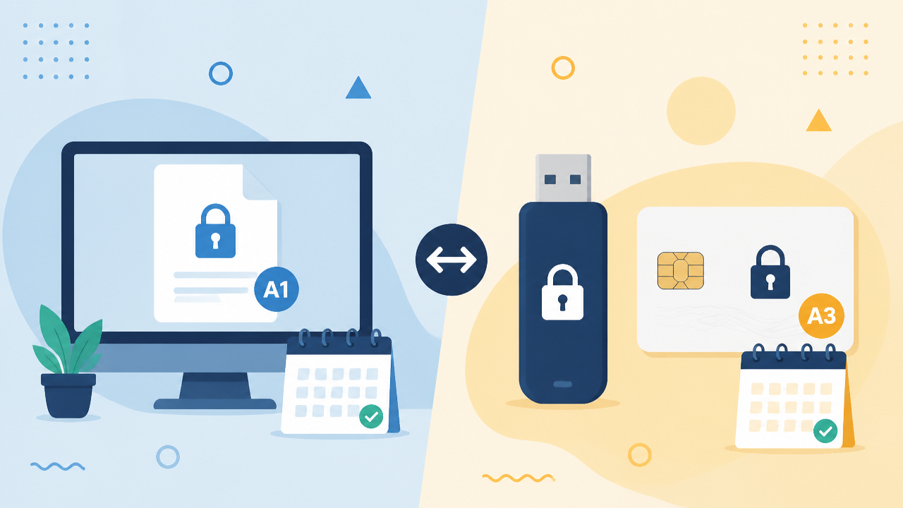Ilustração comparando certificado digital em arquivo e em token ou cartão