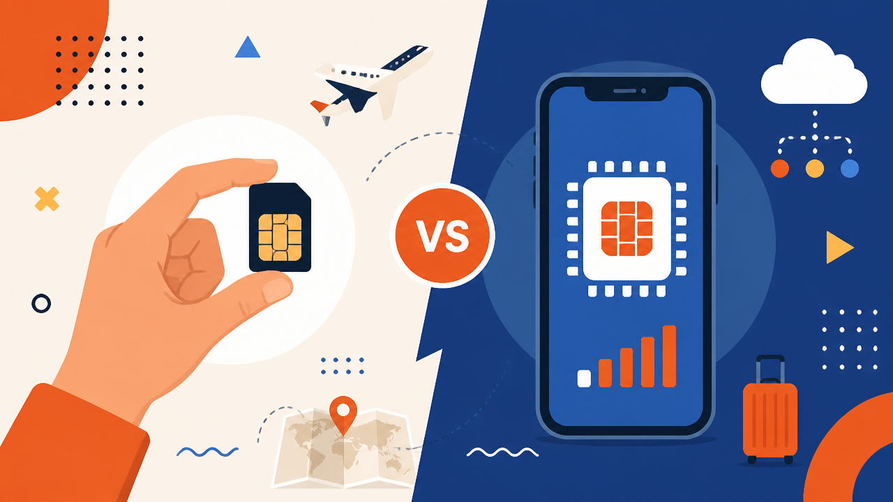 Ilustração comparando chip físico e eSIM para uso em viagens internacionais.