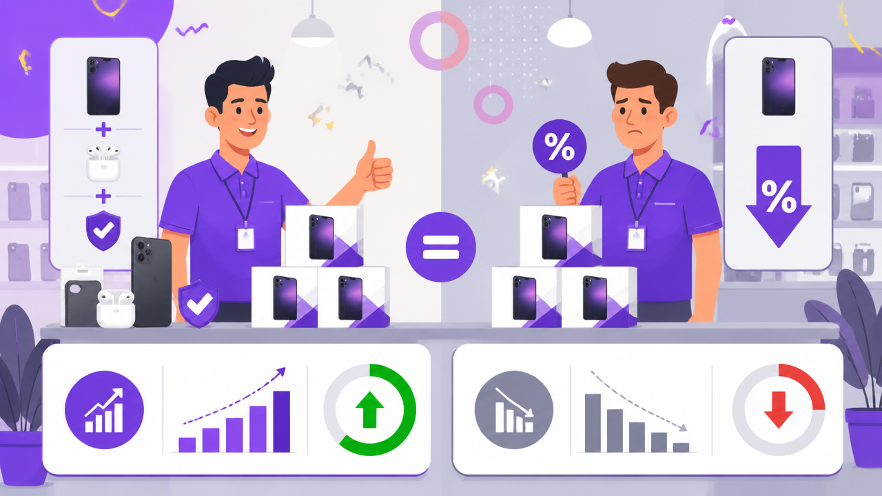 Ilustração comparando dois vendedores com o mesmo faturamento e lucros diferentes em uma loja de celulares