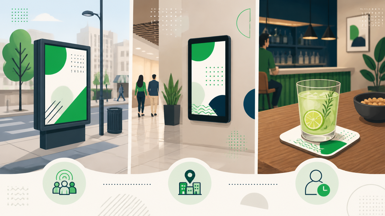 Ilustração comparando mídia estática, tela digital indoor e porta-copos em pontos de consumo.