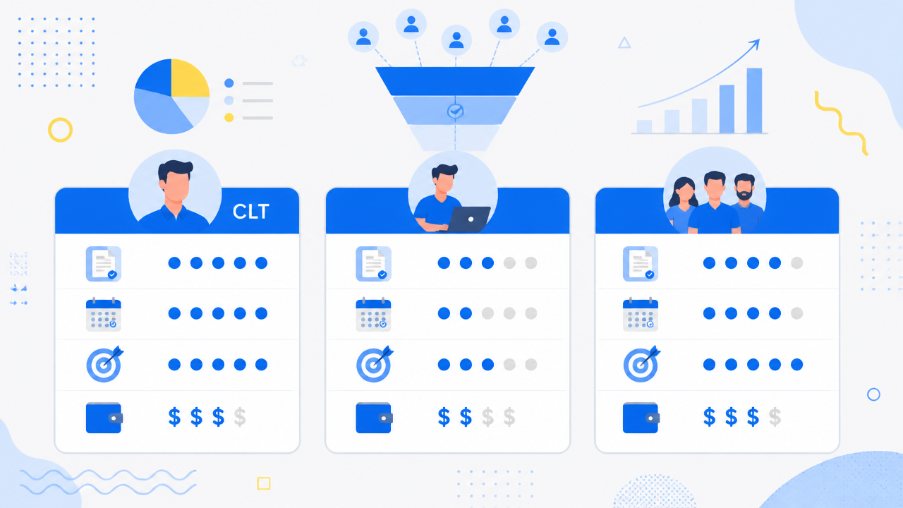 Ilustração comparando modelos de contratação de tráfego pago, com cartões representando CLT, freelancer e parceria dedicada