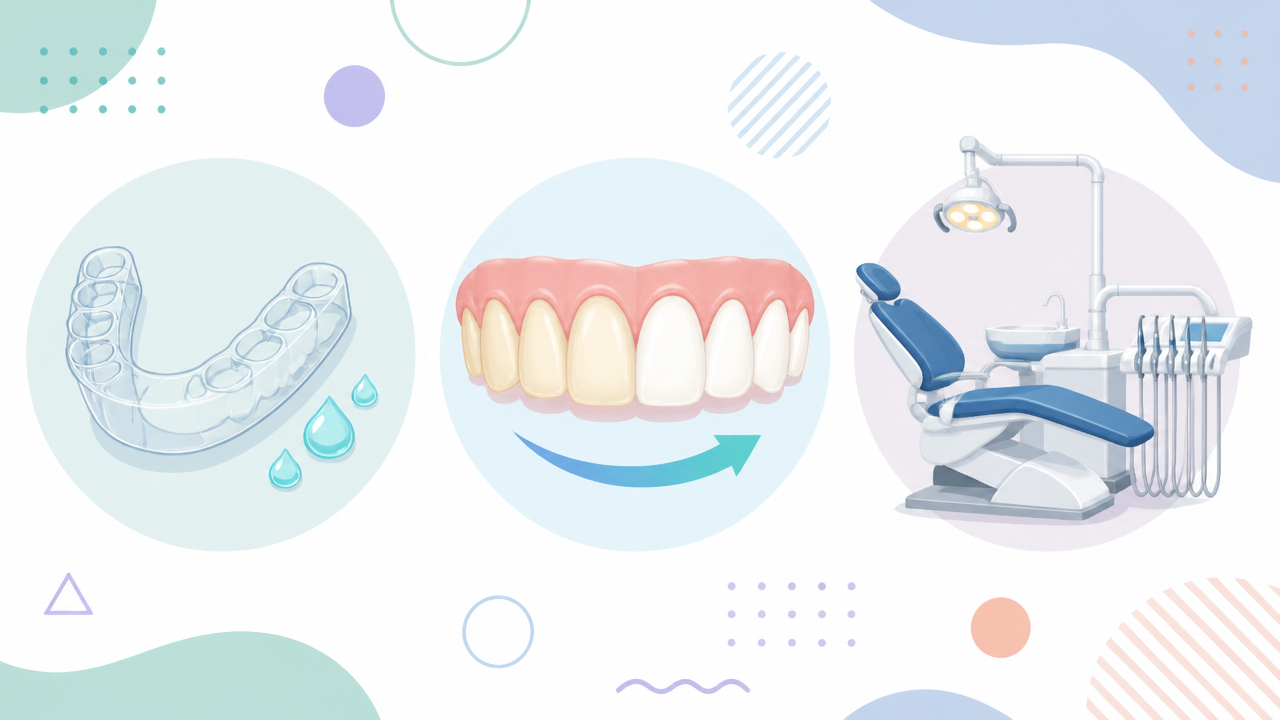 Ilustração comparando moldeira com gel e atendimento odontológico para explicar os tipos de clareamento dental.