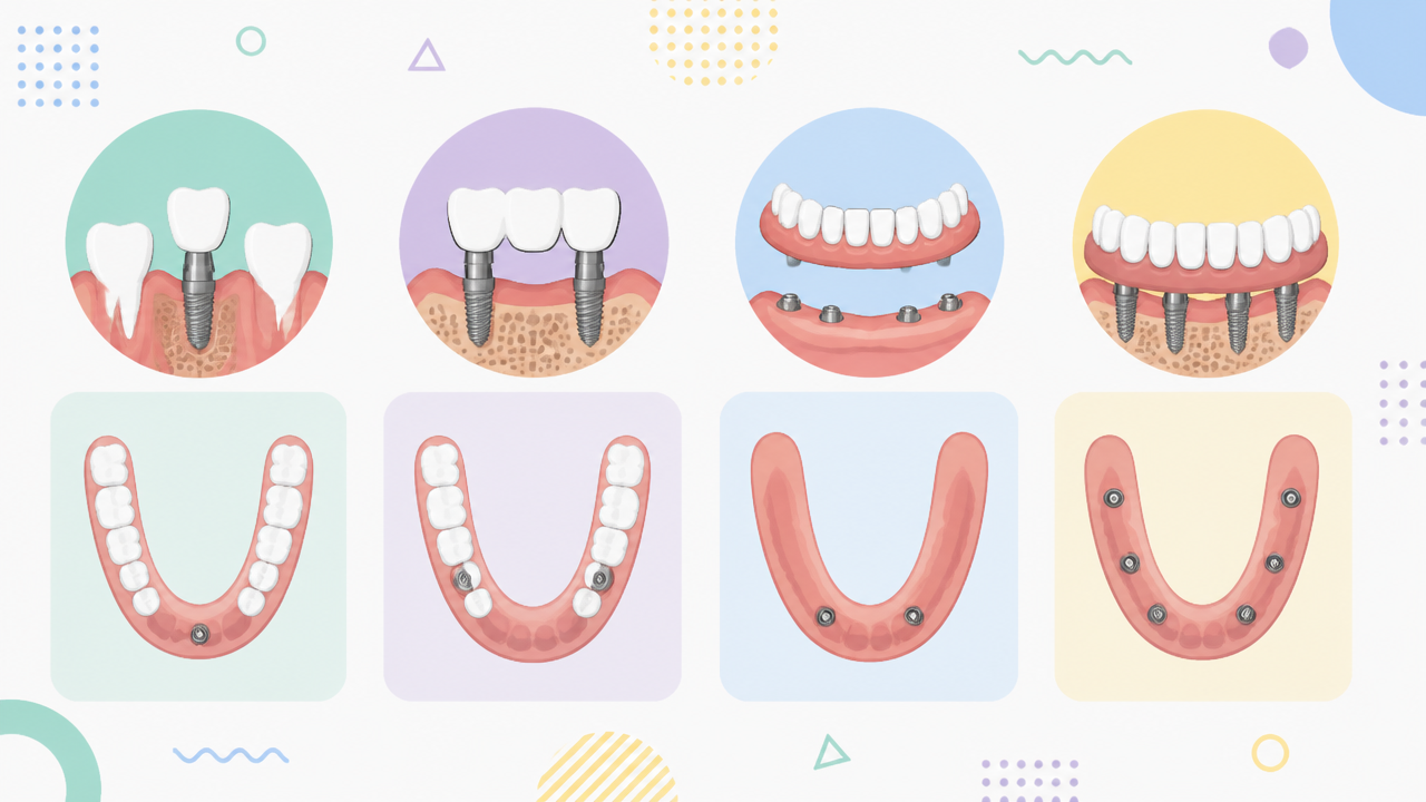 Ilustração comparando opções de reabilitação com implantes dentários em diferentes perdas de dentes
