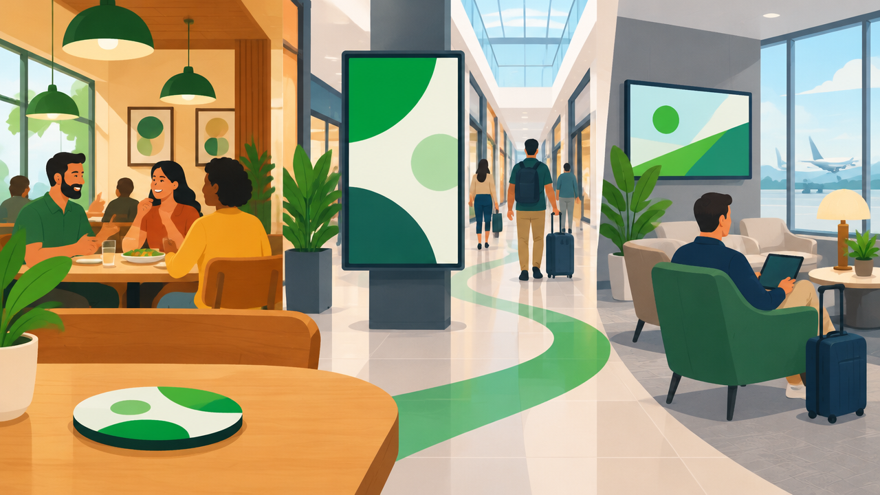 Ilustração comparando porta-copos em restaurante, telas digitais em empreendimento e mídia em sala VIP de aeroporto