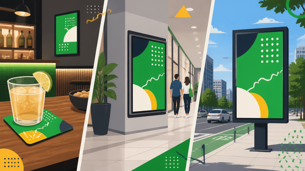 Ilustração comparando porta-copos, tela DOOH e painel urbano como formatos de mídia OOH