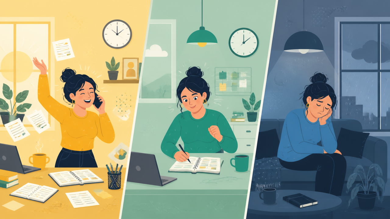 Ilustração comparando sinais de mania, hipomania e fase depressiva