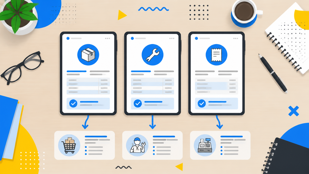 Ilustração comparando tipos de documentos fiscais digitais usados no varejo e em serviços.