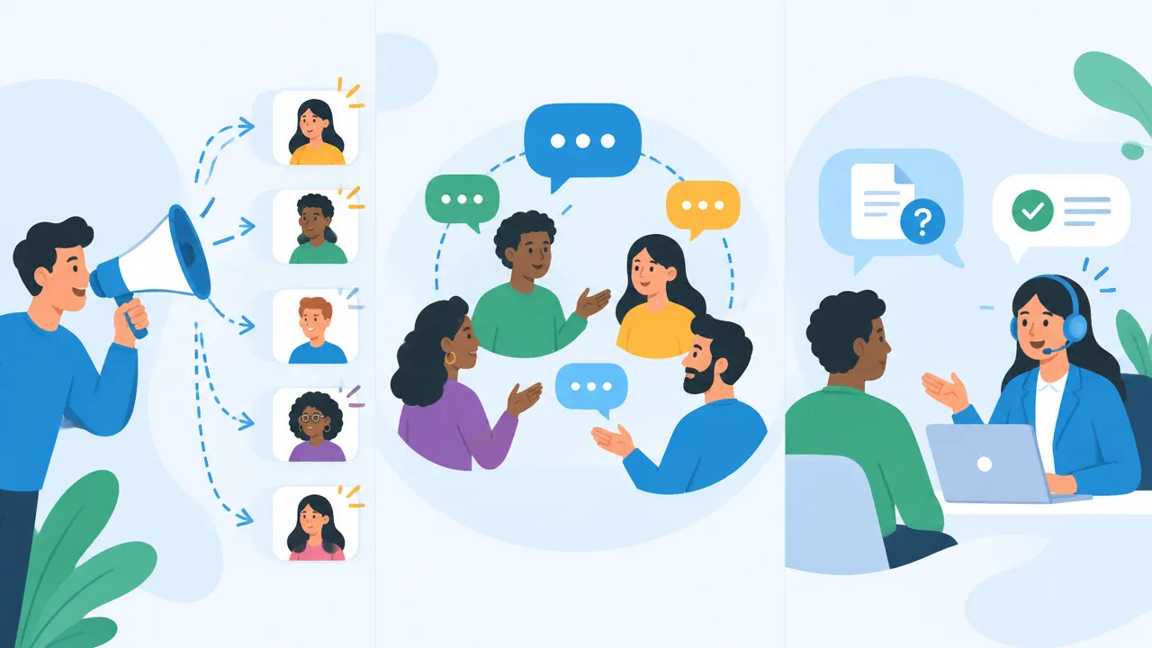 Ilustração comparando transmissão de atualizações, conversa em grupo e atendimento individual ao cidadão