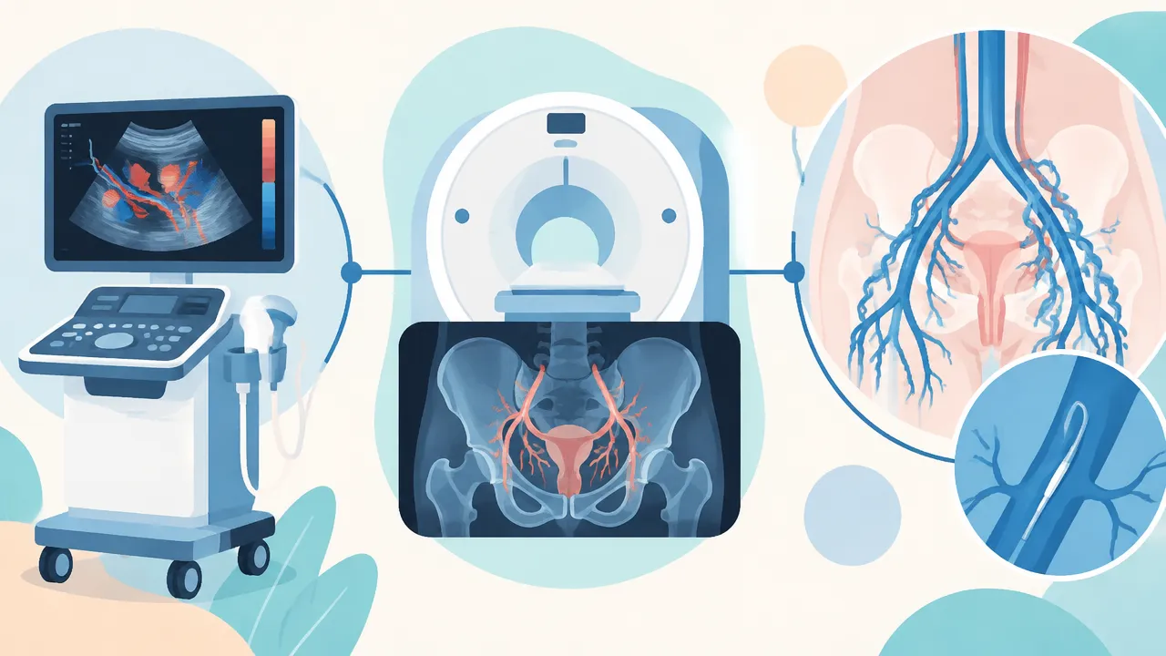 Ilustração comparando ultrassom Doppler, imagem transversal da pelve e estudo venoso por cateter