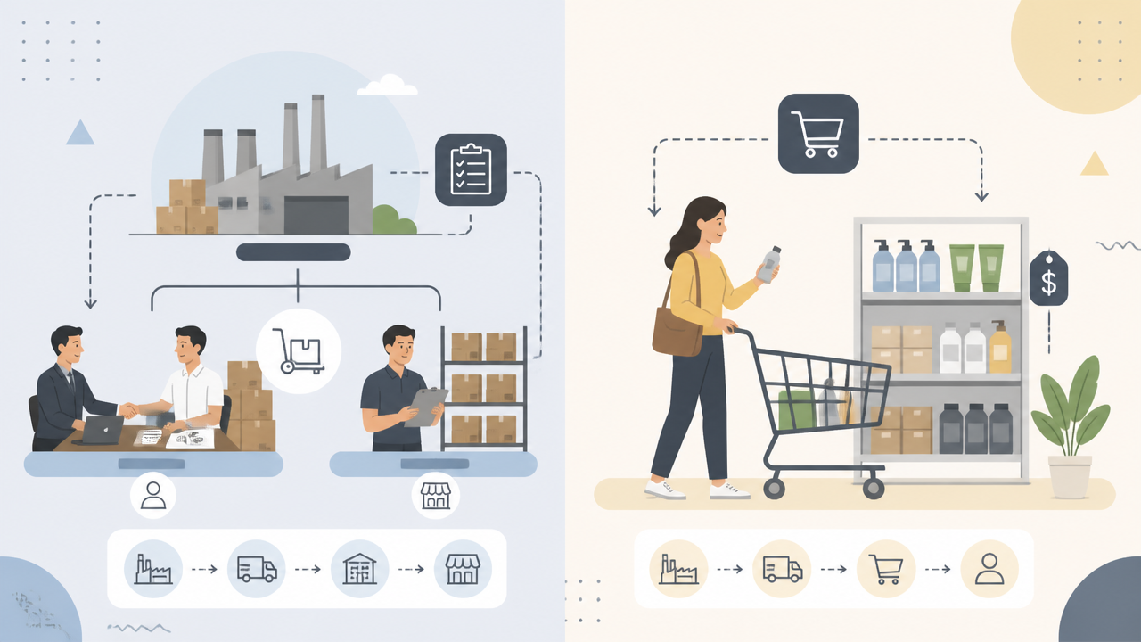 Ilustração comparando venda da indústria para o canal e venda do varejo para o consumidor final